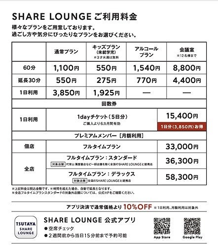 SHARE LOUNGE押上 料金表