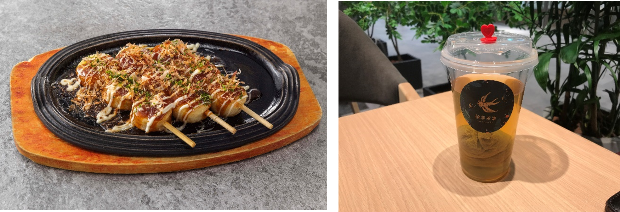 （写真左）「八ノ刻」お好み焼き風いももち、（写真右）「拾年茶事」ドリンク