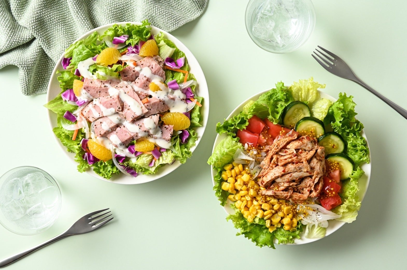『レモンペッパーポークと甘夏みかんのデリサラダ』（左）と『バーベキューチキンとたっぷり夏野菜のサラダ』（右）
