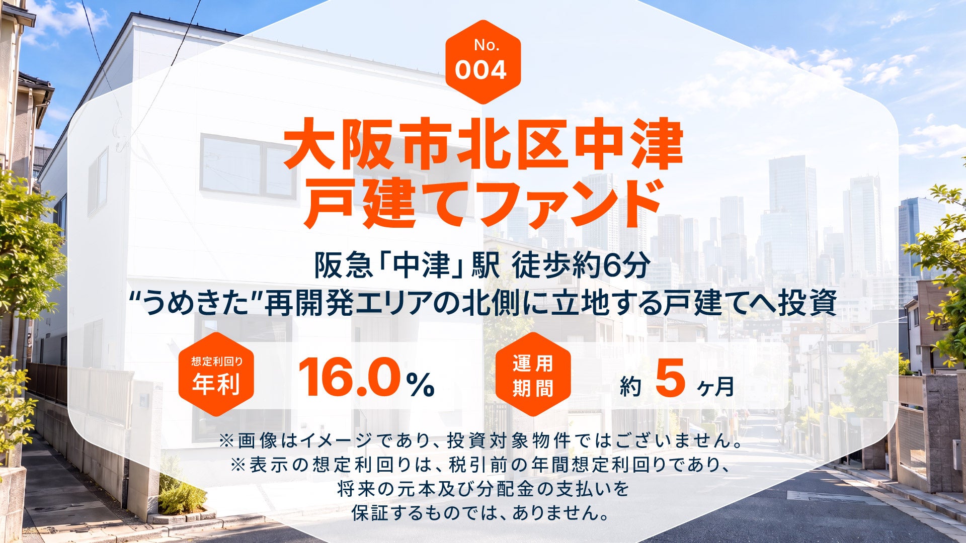 【想定年利16％・運用約5ヶ月】阪急「中津」駅 徒歩約6分『大阪市北区中津 戸建てファンド』10/29(木)より募集開始