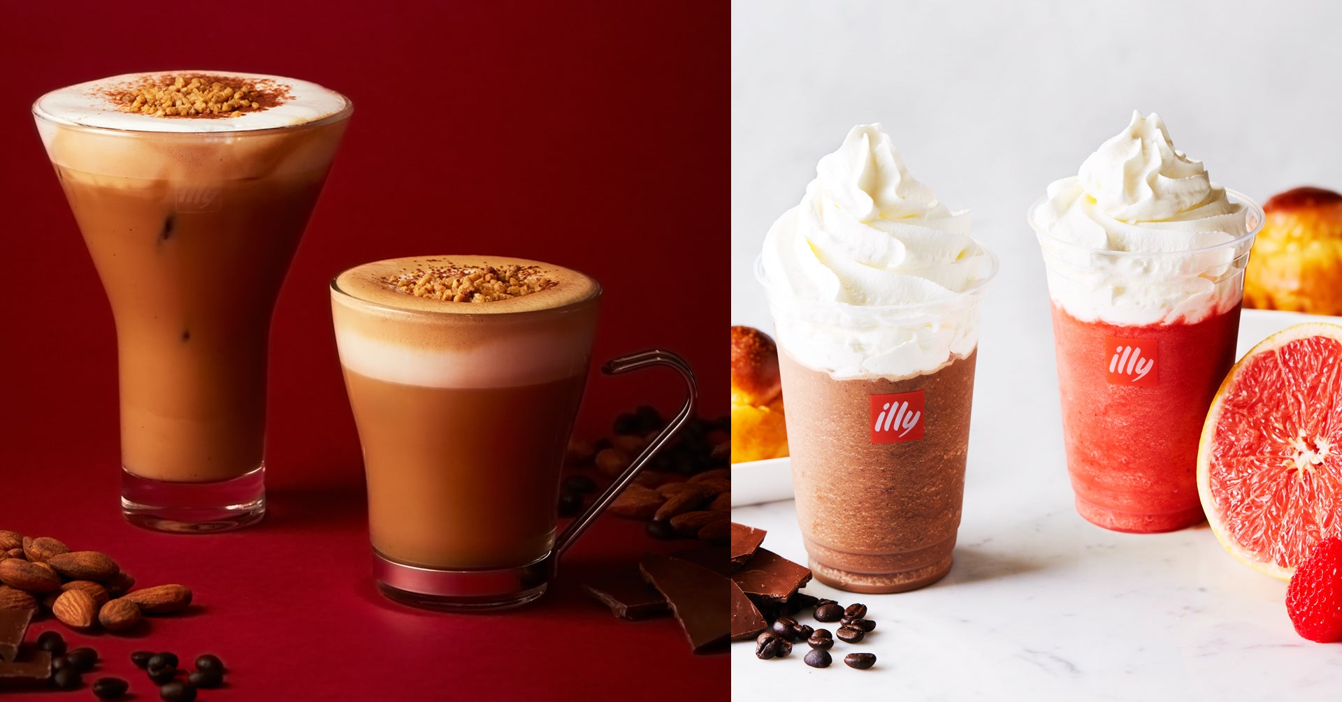 左から「ドルチェプレッソ アマレッティ(ホット/アイス)」税込649円、「パンナグラニーチェ」各税込660円