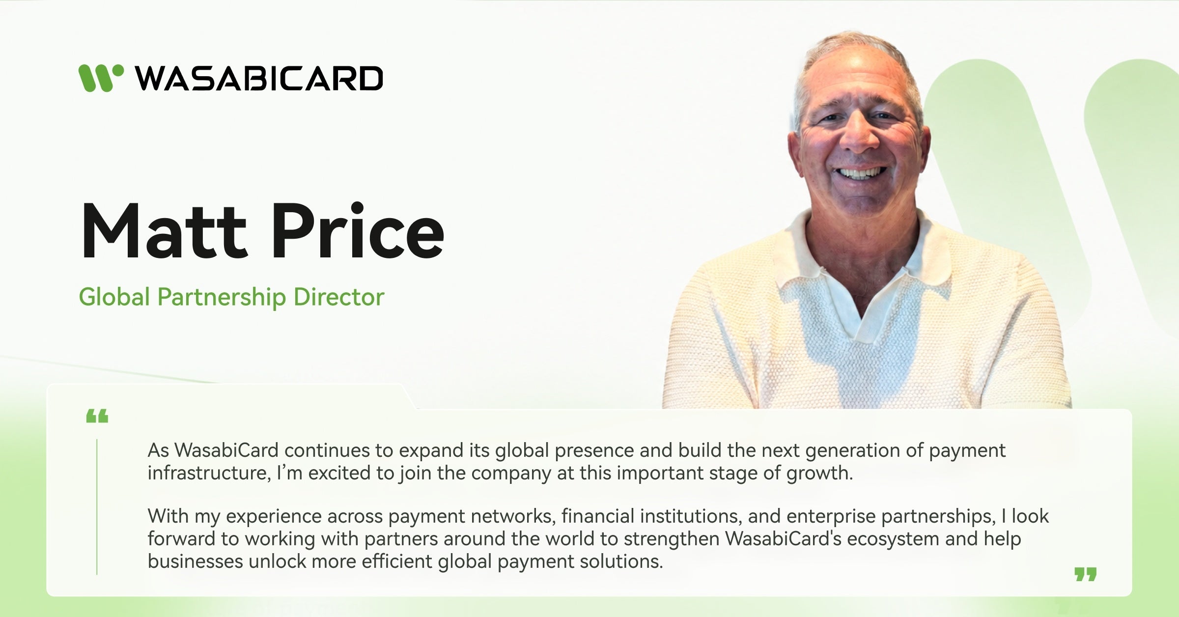 元 Visa シニア決済専門家のマット・プライス（Matt Price）が WasabiCard に参画、グローバルパートナーシップディレクターに就任