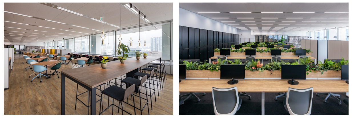 左  カウンタータイプの席も2種、窓際は自然光もふんだんに　右  一日を通じて人気の集中しやすいスペース