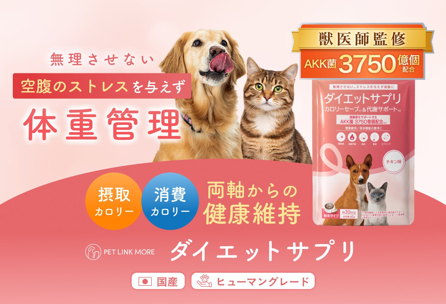 【獣医師監修】新登場！希少成分「AKK菌」を配合した犬猫用ダイエットサプリで、ストレスフリーな体型管理を実現