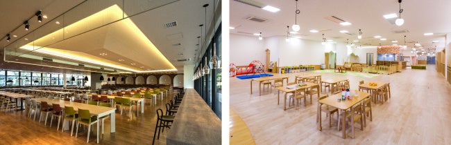 300席以上の社員カフェテリア　センター併設の企業主導型保育園「こどもカンパニー」