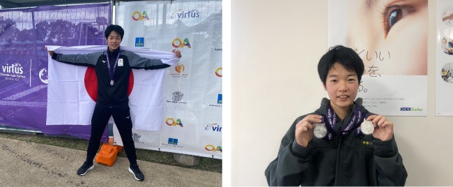 ＜写真左：開催地での写真　写真撮影・提供：日本知的障がい者陸上競技連盟／ 写真右：「幸 満つる 郷　KDDIエボルバ 野蒜」で銀メダルを手に喜びの報告をする菅野選手＞