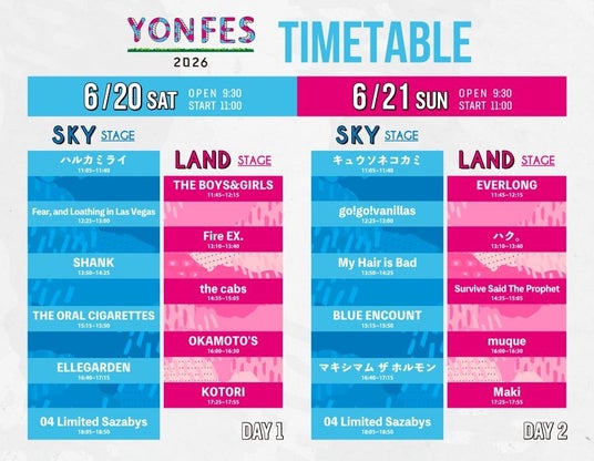 04 Limited Sazabys主催・野外フェス<YON FES 2026>タイムテーブルを公開!エルレ、ホルモンら10周年を飾る豪華アクトがモリコロパークに集結 04 Limited Sazabys主催・野外フェス<YON FES 2026>タイムテーブルを公開!エルレ、ホルモンら10周年を飾る豪華アクトがモリコロパークに集結