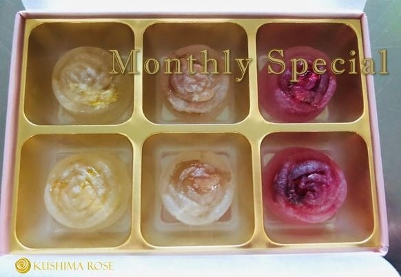 香るバラの琥珀等 花びら砂糖漬けを寒天菓子の中に閉じ込めました。 豊かなシャリシャリの食感の中にさわやかなバラの香りと花びら