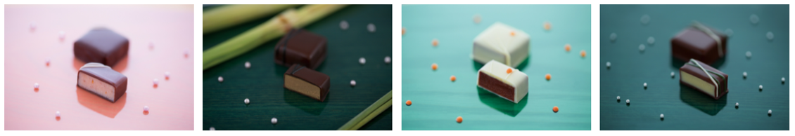 左から、いちご（福岡県大川市）、黒糖（鹿児島県徳之島町）、夏みかん（山口県萩市）、薄荷（石川県河北郡）