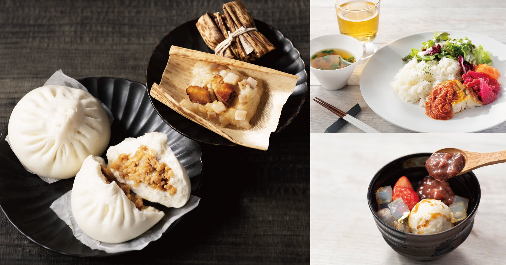 (左)4月9日「マツシゲートマルシェ」にて販売する「松茂点心」／（右2枚）地域食材を利用したコラボメニュー例 ※写真はイメージです