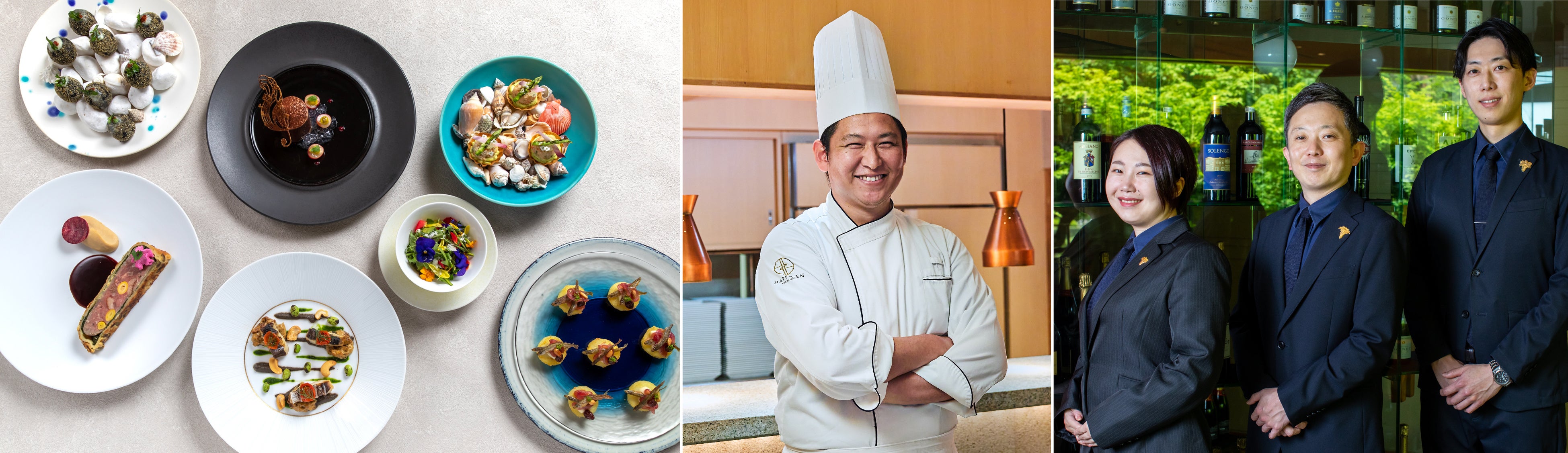 (左)特別料理 ヴィヴァルディ 四季 ※写真はイメージです／(中)八芳園統括料理長 新田周平／(右)ソムリエ（塚田、松山、安）