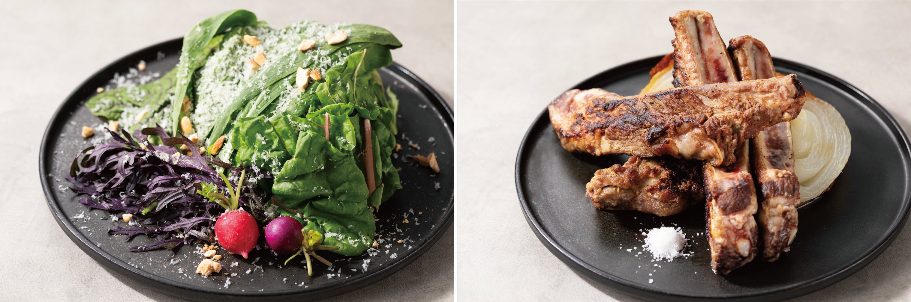 （左）ゆめくじら農園サラダ／（右）群馬県まる豚スペアリブ 国府玉葱のロースト　※写真は2人前のイメージです