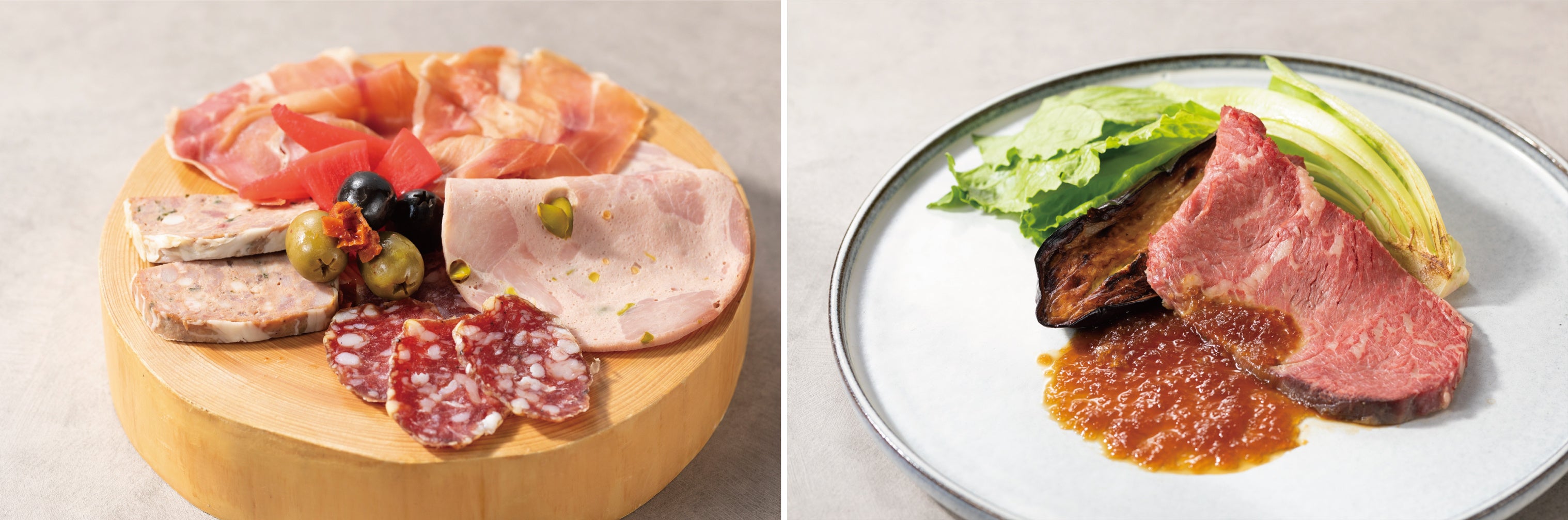 （左）シャルキュトリーの盛り合わせ（2人前イメージ）／（右）国産牛のローストビーフ　※写真はイメージです