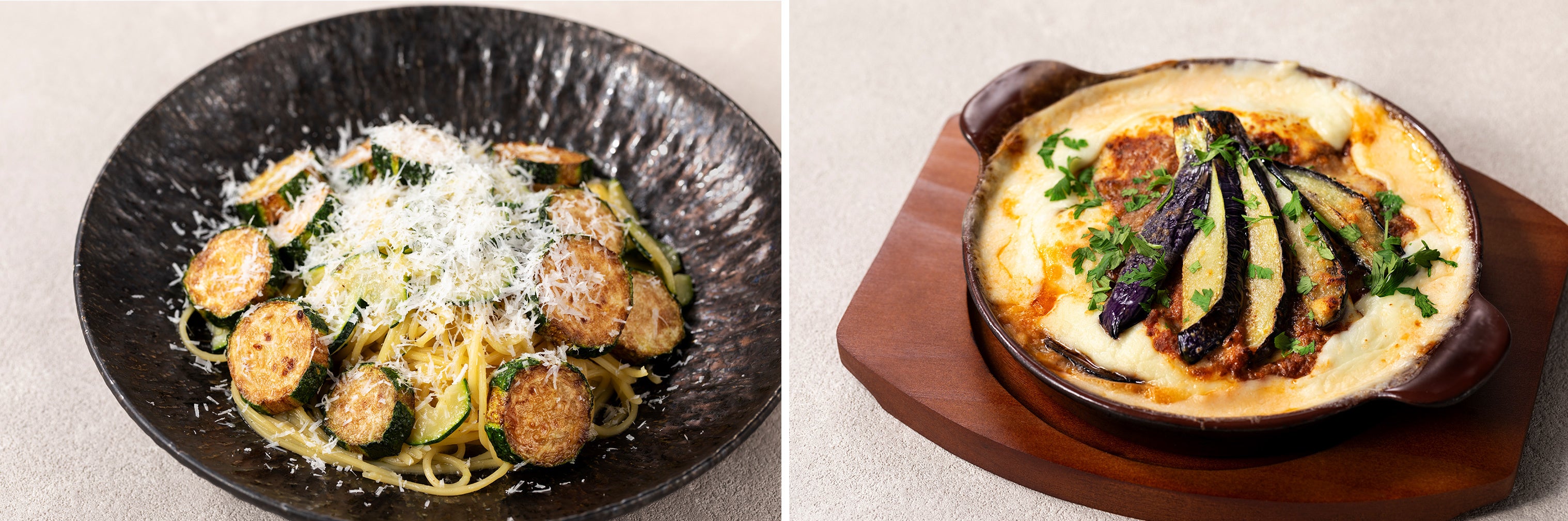 （左）長野県ゆめクジラ農園　古田さんのズッキーニのペペロンチーノ／（右）産地直送ナスの自家製ラザーニャ　※写真はイメージです