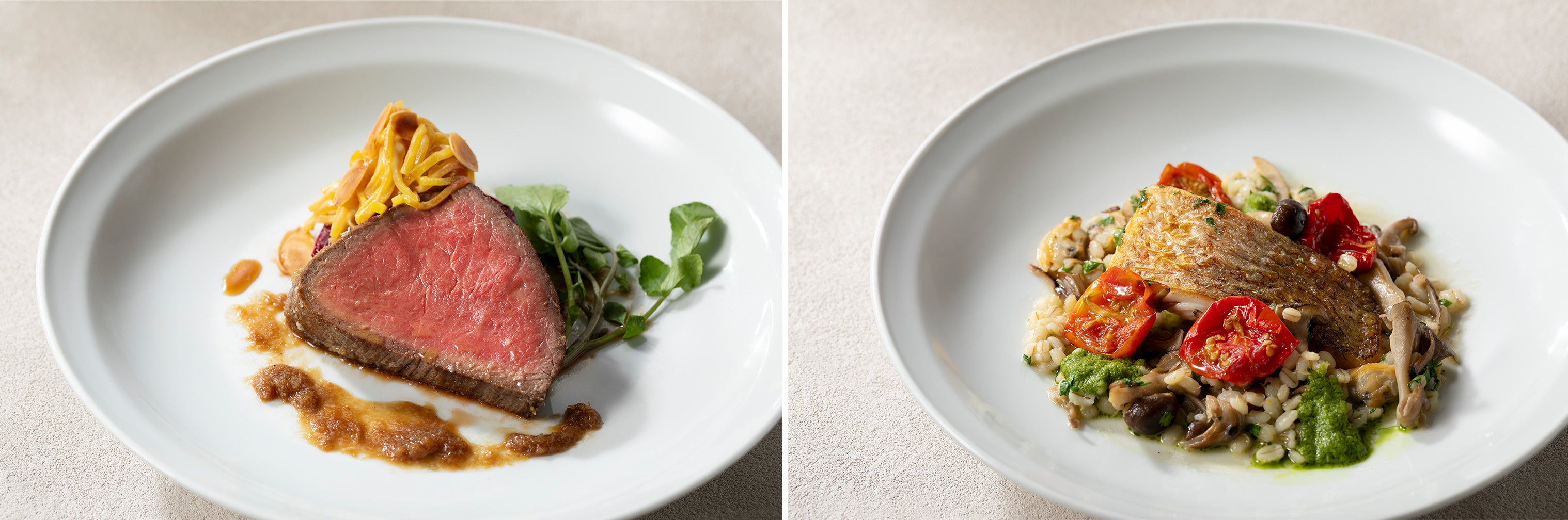 （左）国産牛ランプ肉のローストビーフ／（右）真鯛のグアゼット　※写真はイメージです