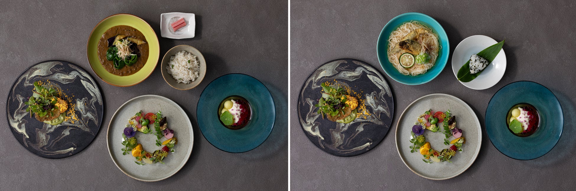 メインが選べる2つのランチコース6,000円(左)静岡県朝霧高原 放牧豚と天然実山椒のNipponのスパイスカレー/(右)群馬県吾妻の鮎の天ぷらとにゅう麺 ※写真はイメージです