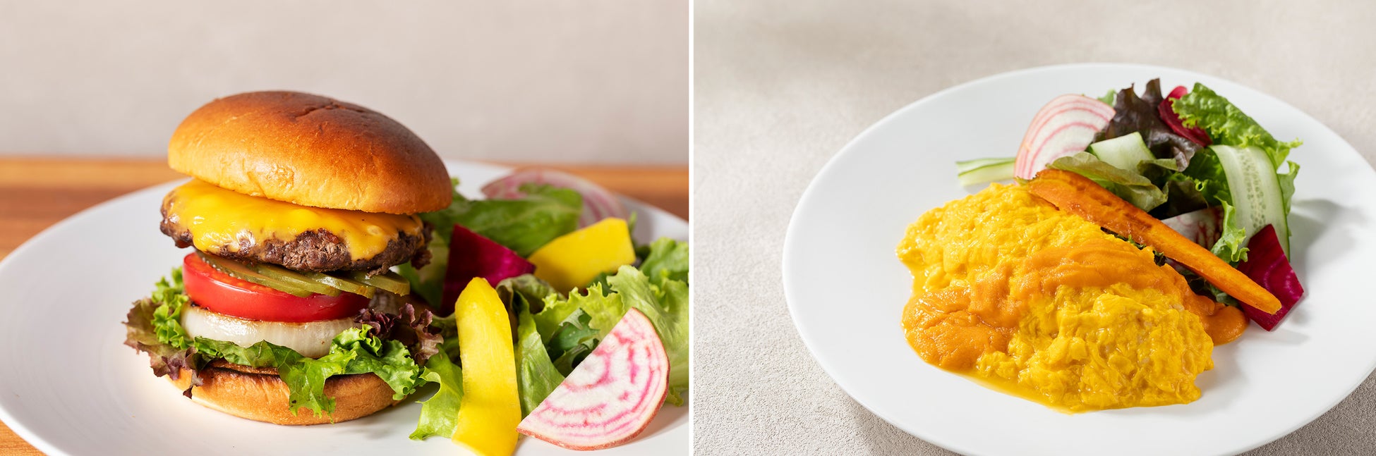 (左)スラッシュカフェハンバーガー/(右)ヴィーガンオムライス 特製人参ソース ※写真はイメージです
