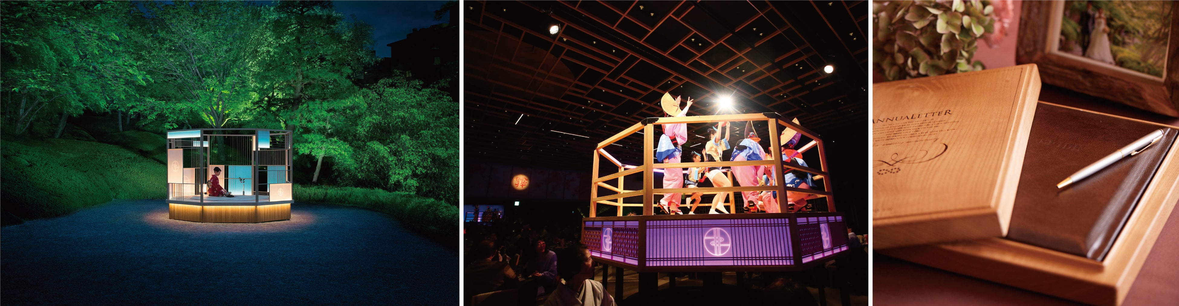 ※(左)組み立て式茶室「MUJYOAN 無常庵」 ／ (真ん中)組み立て式やぐら「KAGURA 神楽」 ／ (右)アニュアルレターケース