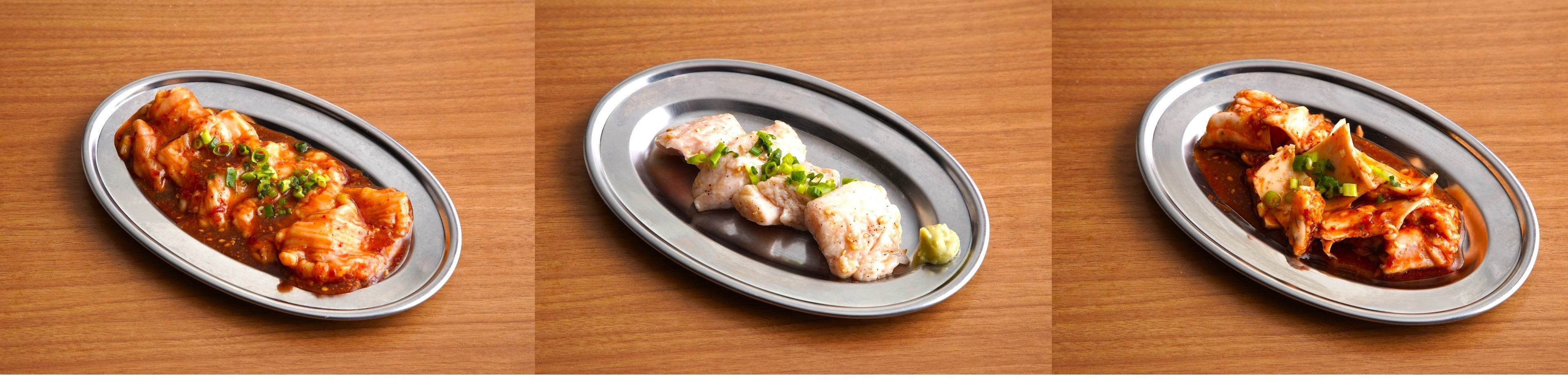 左から、ホルモン、シビレ塩、コリコリ焼き