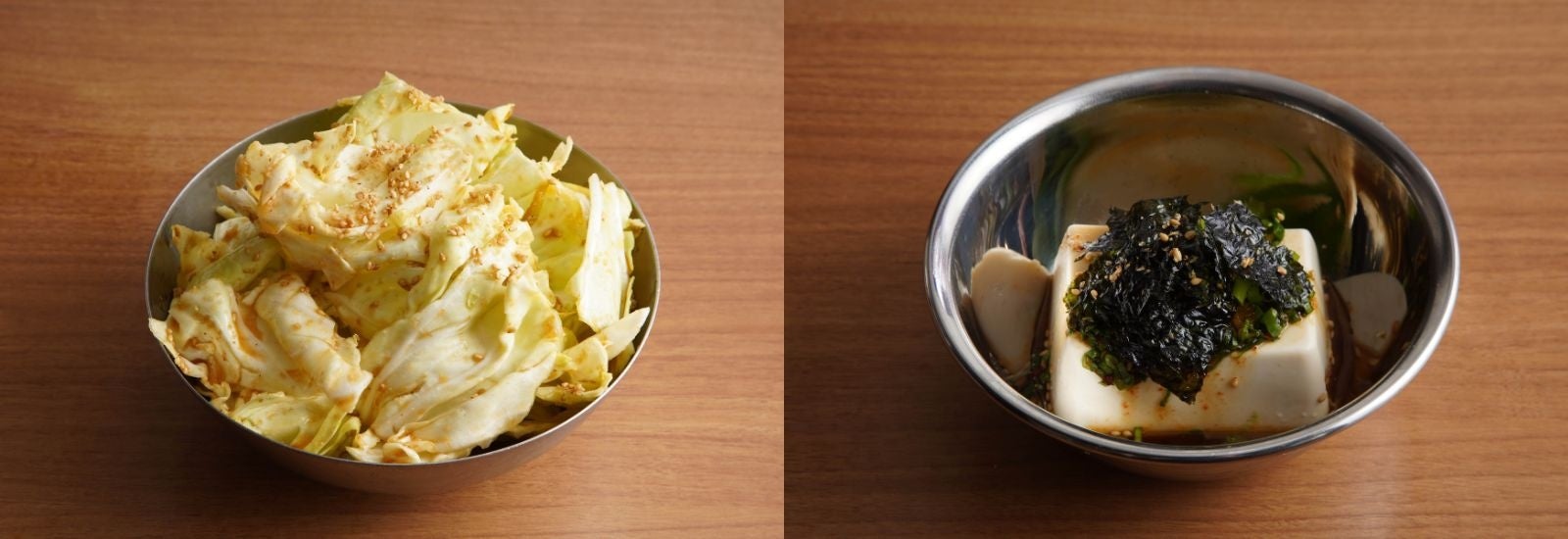 左から、ごま塩キャベツ、薬味豆腐