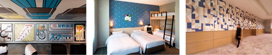 WhOの壁紙を使用した施工例。左から、HOTEL TAVINOS 浜松町／琴平パークホテル／ホテル（大阪）- 設計：D-noum藤井誠・山田奈津子