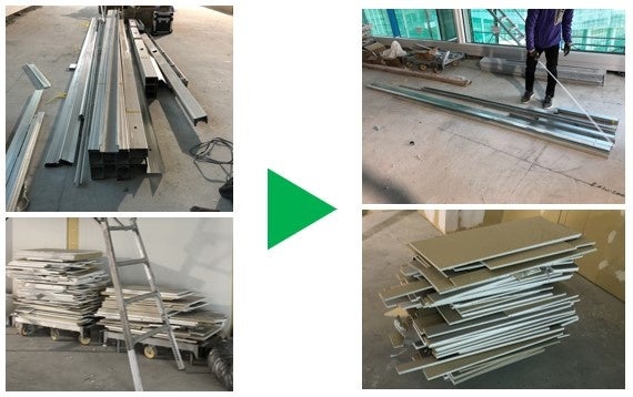 ■施工後の現場廃材量の比較_左：従来施工階、右：プレカット施工階 （上段：軽量鉄骨(LGS)乾式壁下地材、下段：石膏ボード）