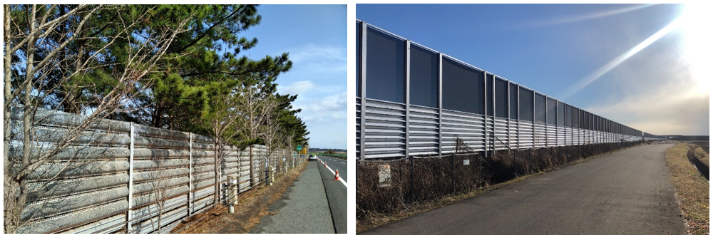 令和5年度優秀工事として表彰された防雪柵工事（東北自動車道）_左：施工前の防雪柵（3m）、右：施工後の防雪柵（4m）