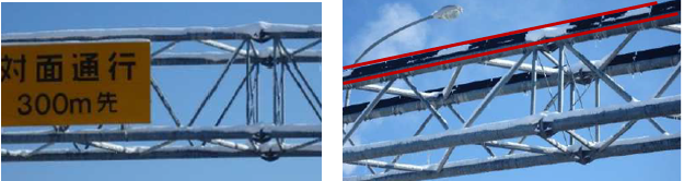 ■左（ＮＨルーフ設置なし）：道路標識柱の上部に着雪あり、右（ＮＨルーフ設置あり）：着雪が限定的