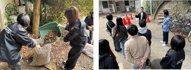 ■写真左：落ち葉の除去活動、写真右：施設長による施設の歴史と抱える課題の説明の様子