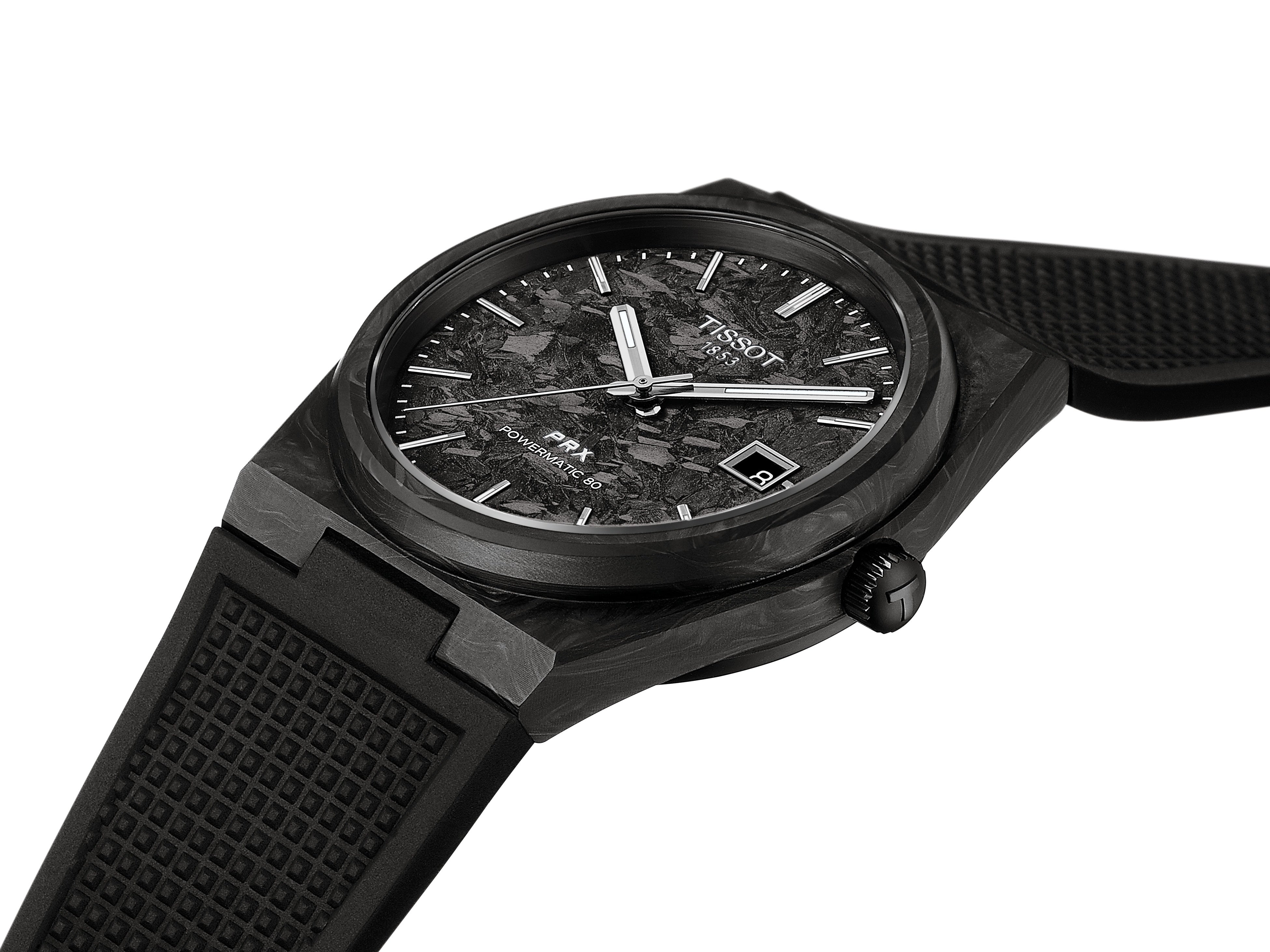 TISSOT ブラック アナログ 時計 ティソのPRXコレクションにフォージドカーボンモデルが登場