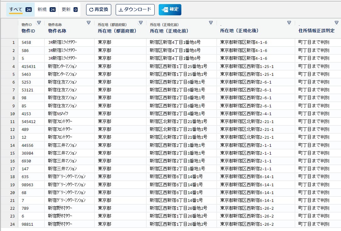 住所情報クレンジング機能 画面イメージ