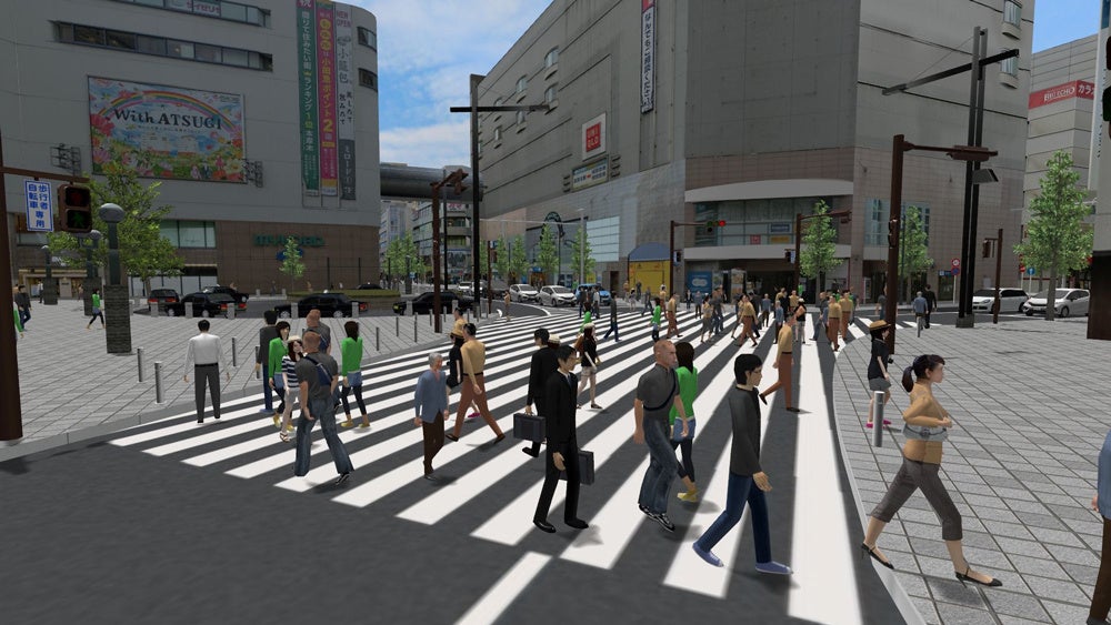 VISSIMによる車両と歩行者の流動解析をVRに読み込んだ事例（第21回3D・VRシミュレーションコンテスト受賞作品 「本厚木駅周辺における交通再現VRシミュレーション」株式会社オリエンタルコンサルタンツ）