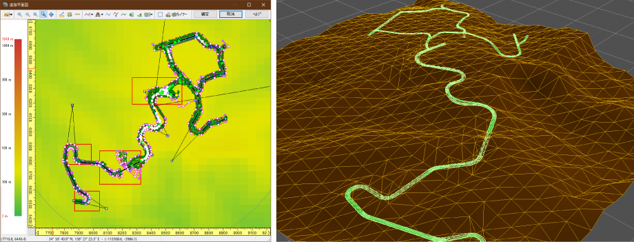 左：LandXML 右：Shade3Dに読み込み、色付けした形状