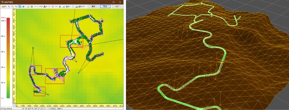 左:LandXML 右:Shade3Dに読み込み、色付けした形状
