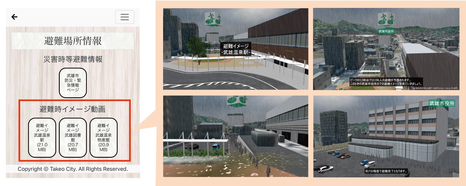 観光用スマホサイトから避難地点別に視聴できる多国語対応の災害シミュレーション動画
