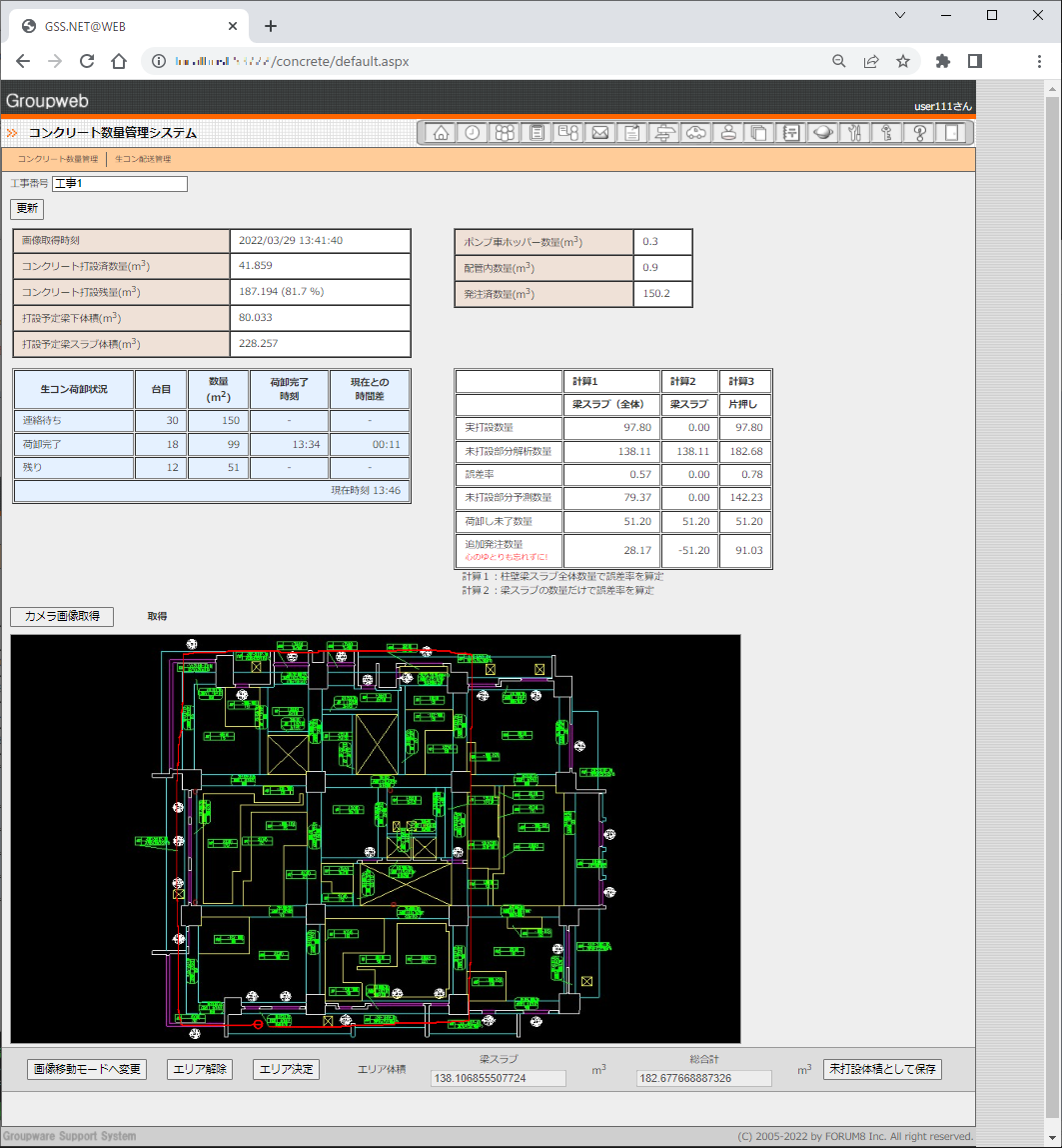 現場技術者用の操作画面。図面上で未打設部分を囲むと（赤線で囲まれた部分）、体積算出が行われ、残りの発注数量が自動計算される。