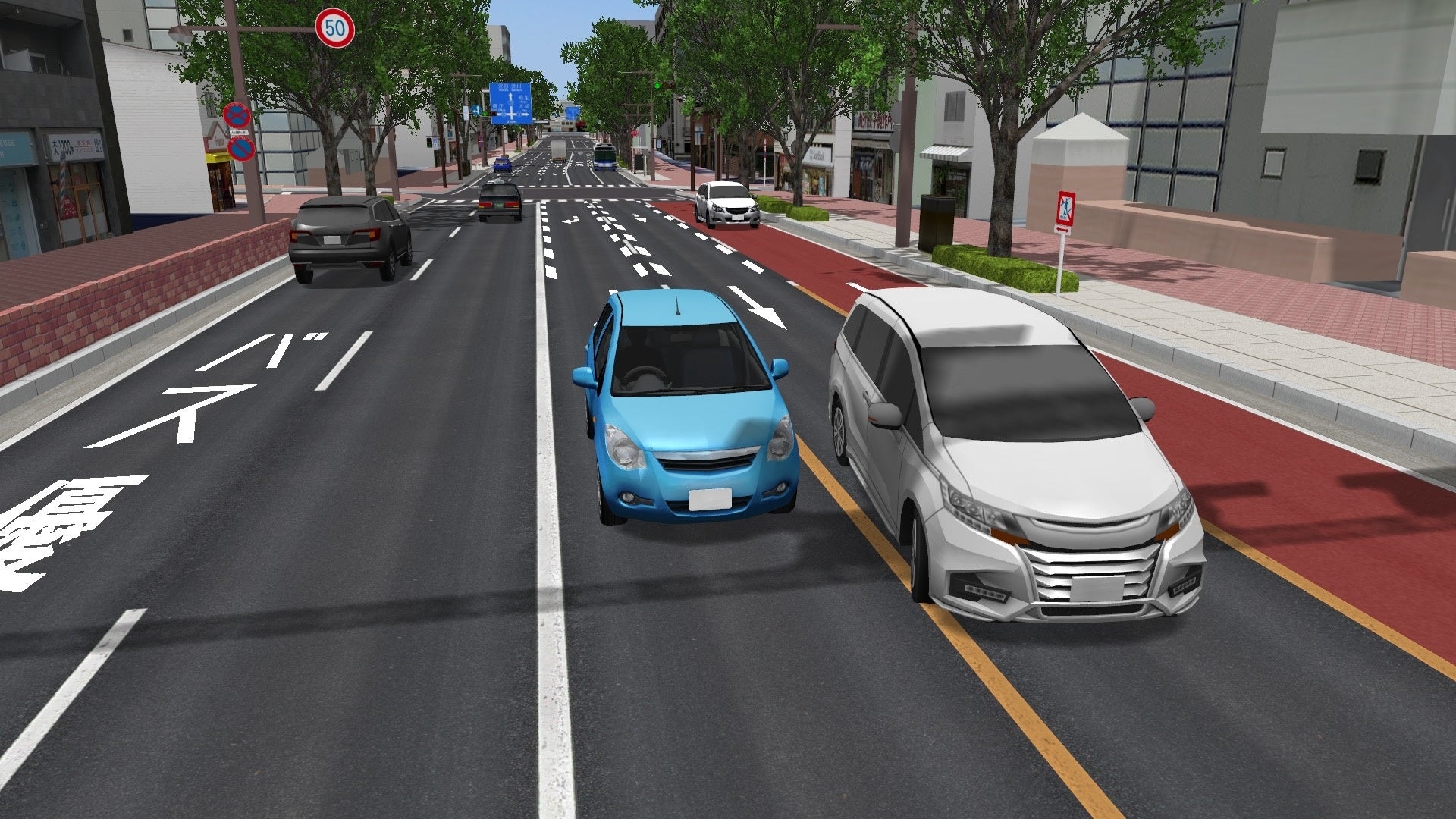 UC-winRoadで作成されたデジタルツイン環境における運転シミュレーションのシーン