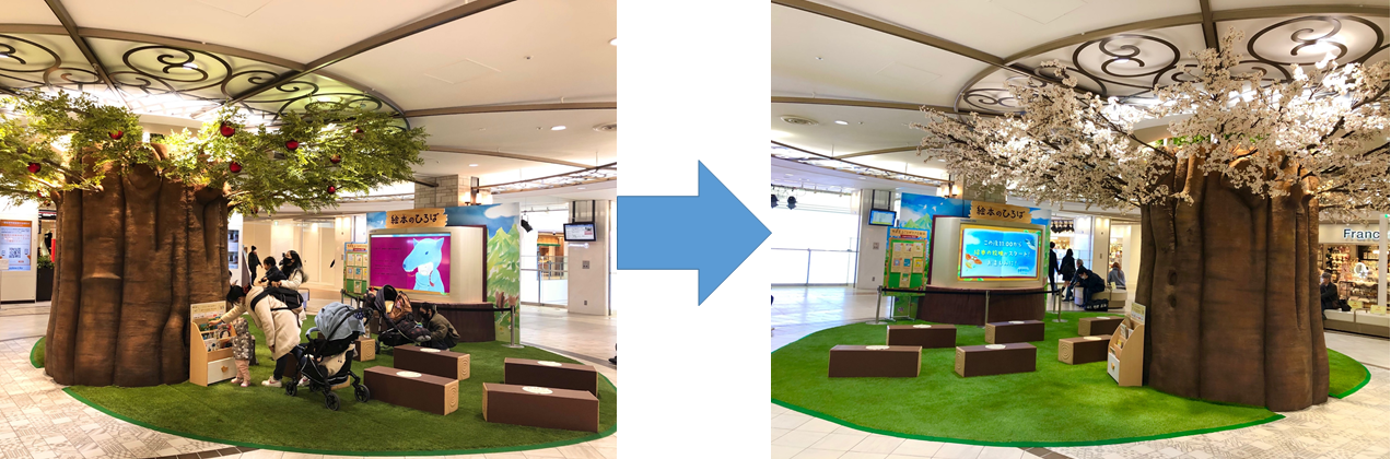 絵本のひろば　4月中旬までは春仕様で 桜の木が登場