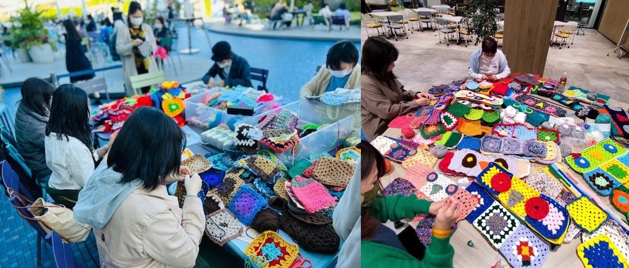 サンシャインシティの事務所や西武池袋本店屋上でモチーフを編みつなげる様子