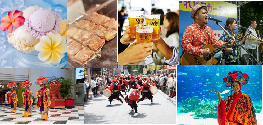 写真上：沖縄物産展、めんそーれビアテラス（過去開催の様子）　写真下：（左）噴水広場 沖縄の歌と踊り（中）サンシャイン60通り 沖縄の伝統芸能“エイサー”（右）サンシャイン水族館 いきものディスカバリーめんそーれver.