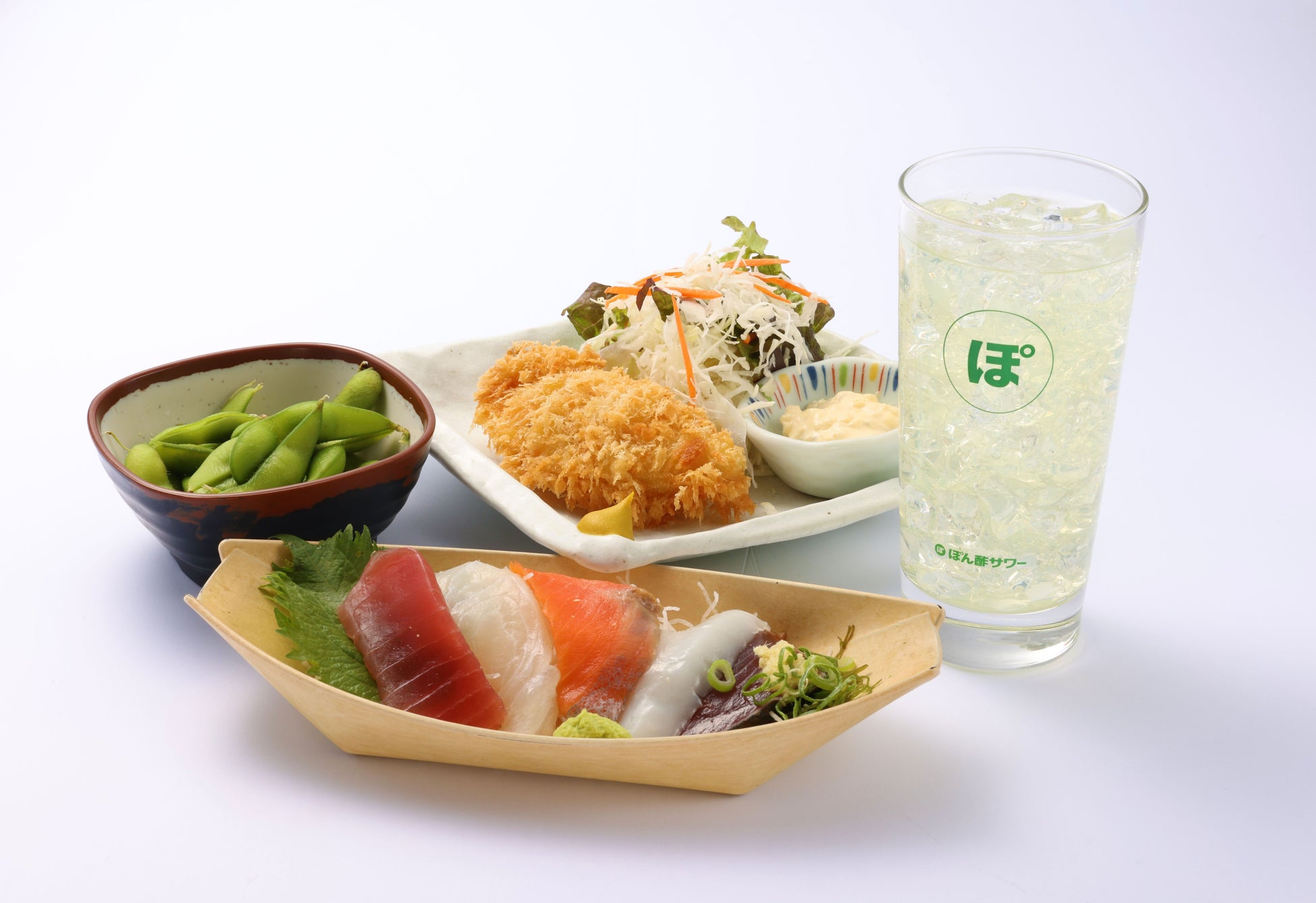 ぽん酢サワー(1杯)+枝豆、フライ、イチオシお刺身【1,100円】 <アルパ3F 築地食堂 源ちゃん>