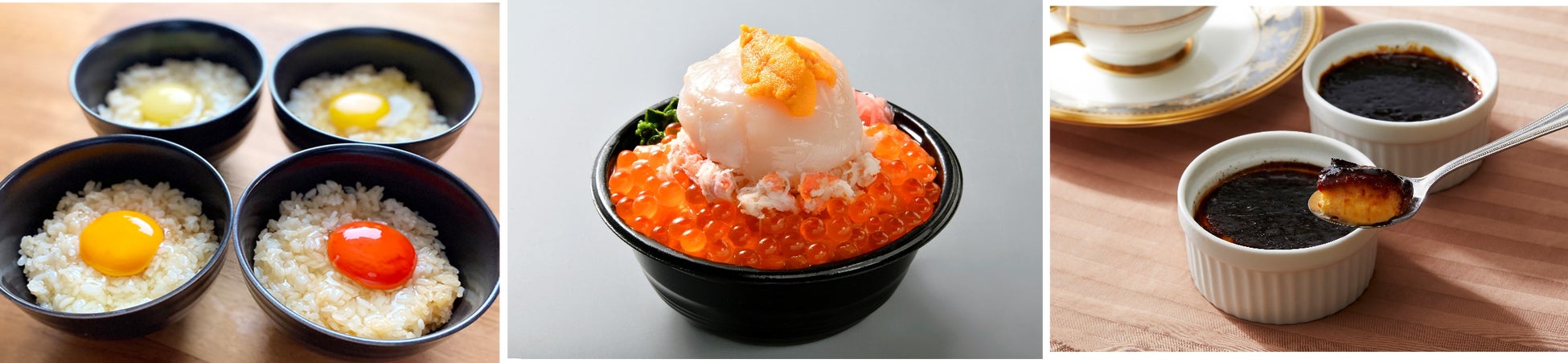 (左)ブランド卵の食べ比べ(卵フェスin 池袋2023)(中)特盛大粒帆立丼(右)クリームブリュレ(北海道まるごとフェアin サンシャインシティ2023)