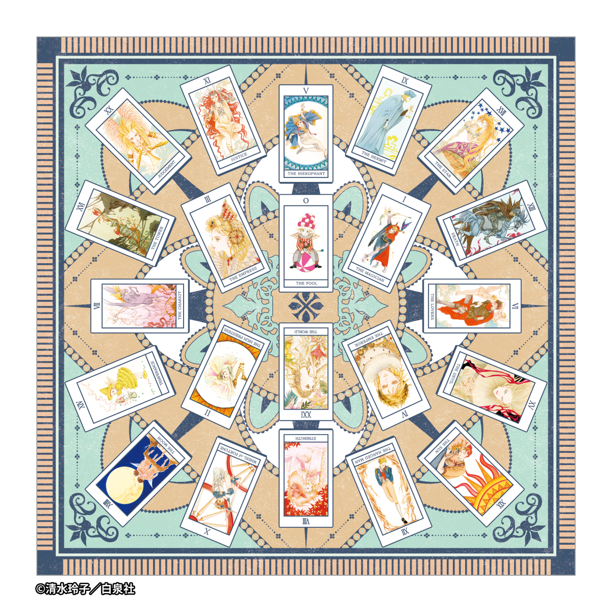 『 ミラクル・タロット』 より大アルカナカードを散りばめたデザインのスカーフ 　3,000 円（税込）