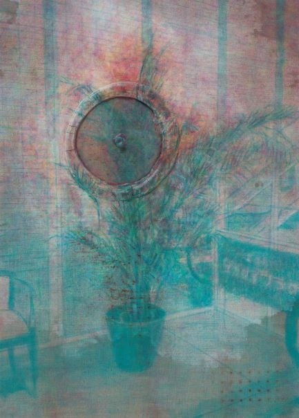 《Sub Anaglyph(areca palm)》油彩、アクリル、モデリングペースト、UVプリント、亜麻生地 910×650mm 2022