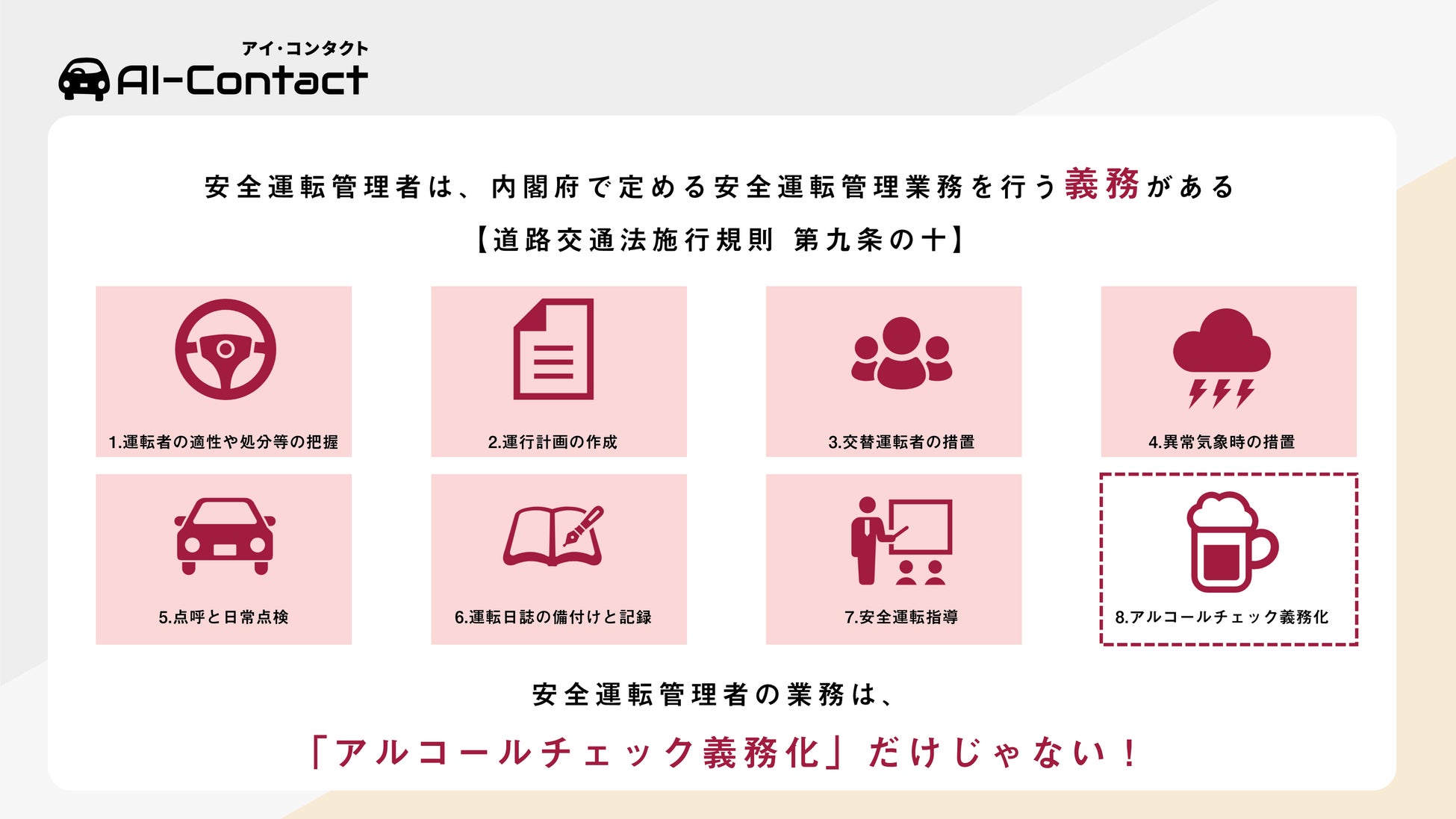 安全運転管理者は、内閣府で定める安全運転管理業務を行う義務がある