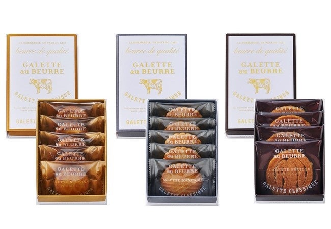 （左）ガレット ブルトンヌ　価格：540円（本体価格：500円）（5個入）　（中央）ガレット ナンテ　価格：540円（本体価格：500円）（5個入）　（右）ガレット フィーユ　価格：540円（本体価格：500円）（4個入）