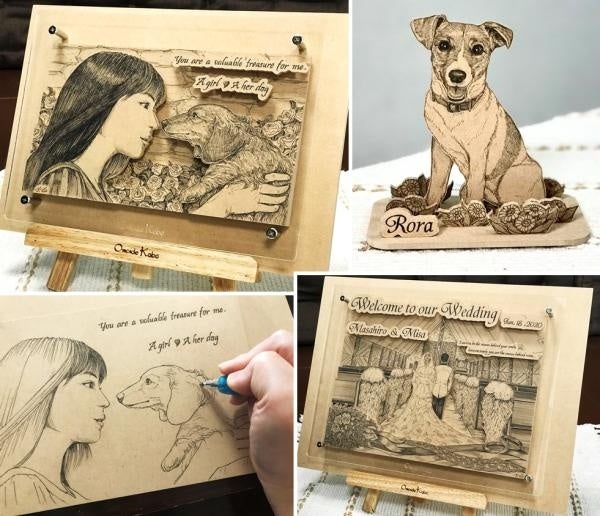 手描・木製・立体の独自アート。サンプル展示、オーダーメイドも♪