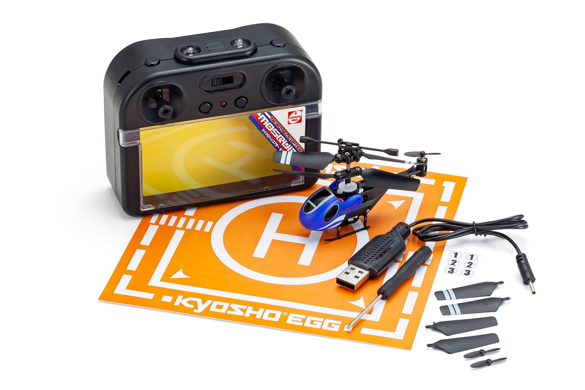 京商株式会社 京商エッグブランドからマイクロヘリコプター 「モスキート」を 発売 8 ヘリコプター本体と送信機に加えて機体識別用シールとヘリポートも付属。狙った位置に着陸させるなどの遊びを楽しめる。