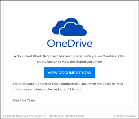 画像3:「A document titled ‘Proposal’ has been shared with you on Onedrive」という件名の悪質なメール