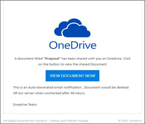 画像3：「A document titled ‘Proposal’ has been shared with you on Onedrive」という件名の悪質なメール